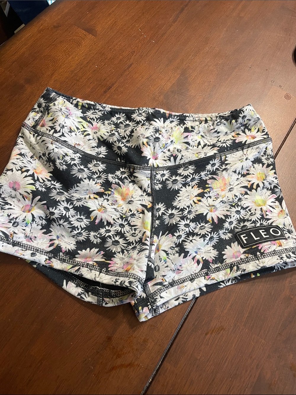 Fleo Black Floral Daisy Athletic Shorts with Pastel Accents